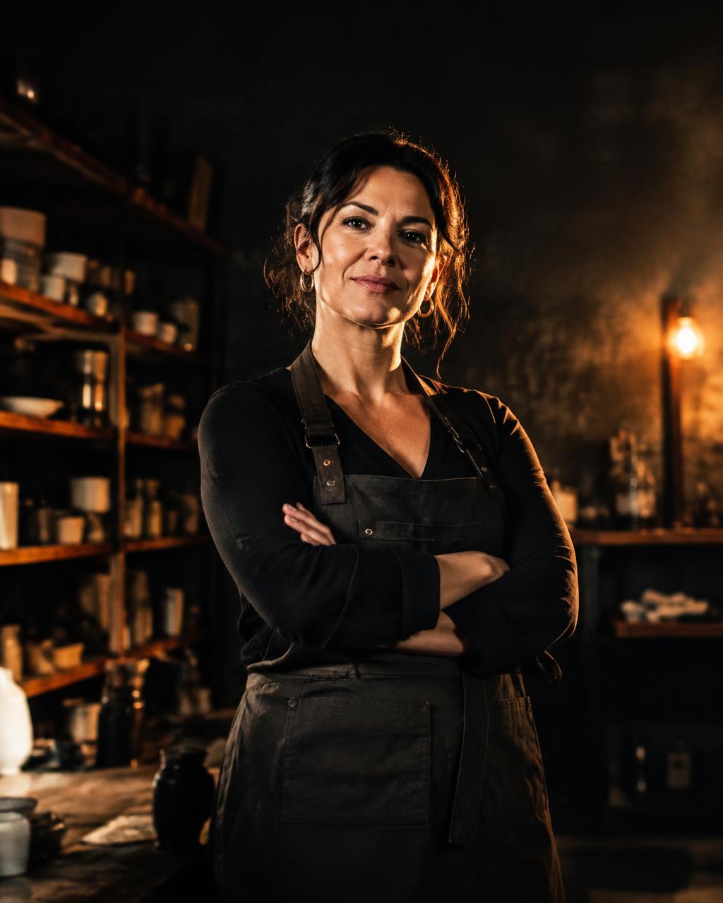 Business owner standing in her workshop, arms crossed